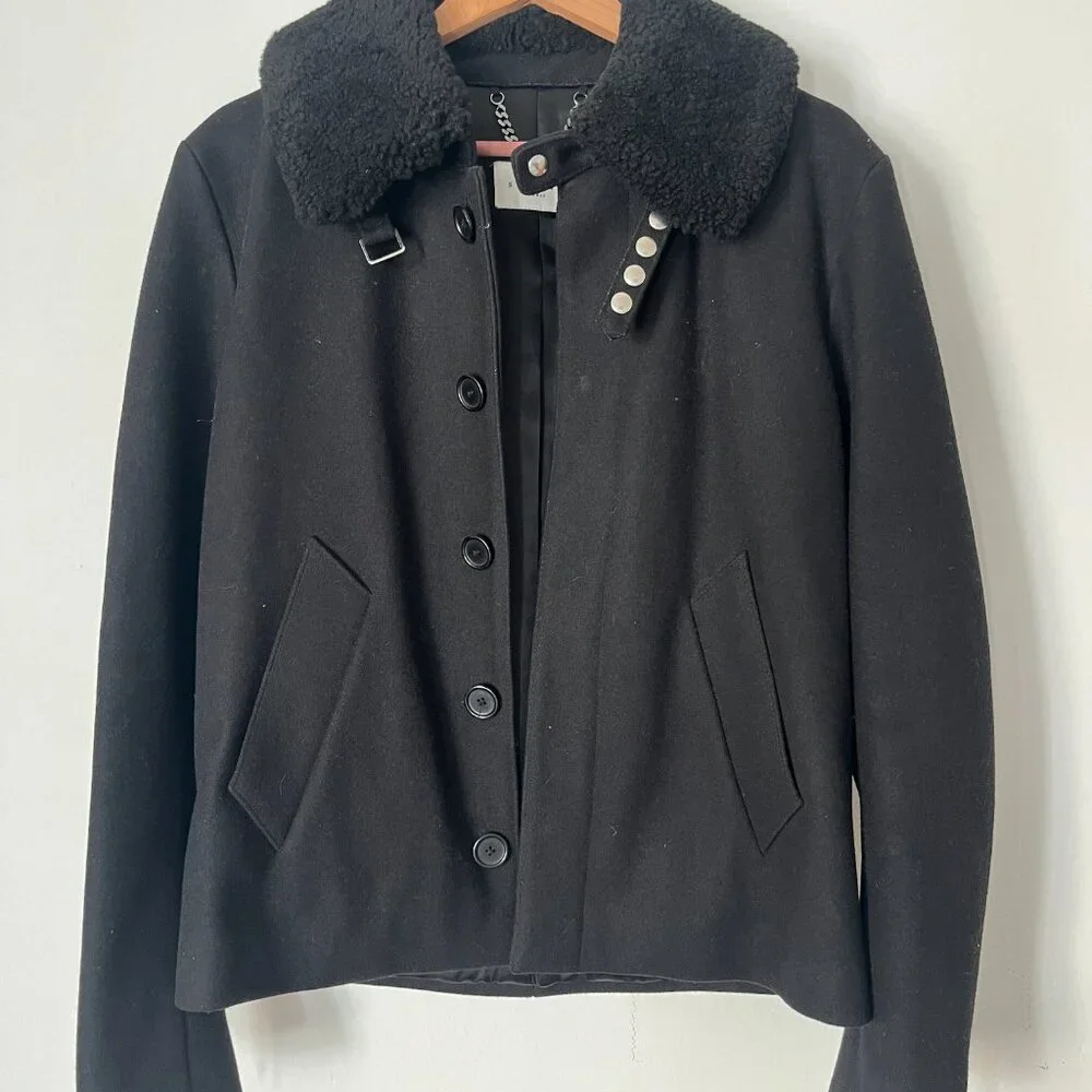 Shearling Trim Collar Black Wool Aviator Jacket - Picture 2 of 8